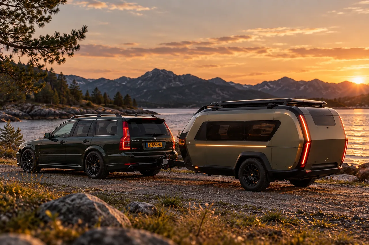 The NORTHLEE mini-caravan with its roof closed, hitched to a dark green Volvo estate on a lakeshore at sunset.