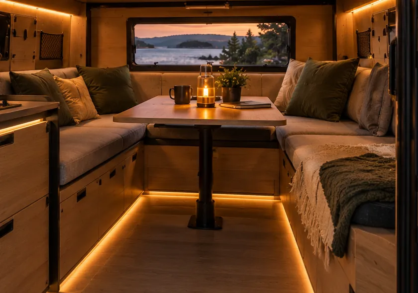 The lounge: cushioned U-shaped seat around a table, lit from below.