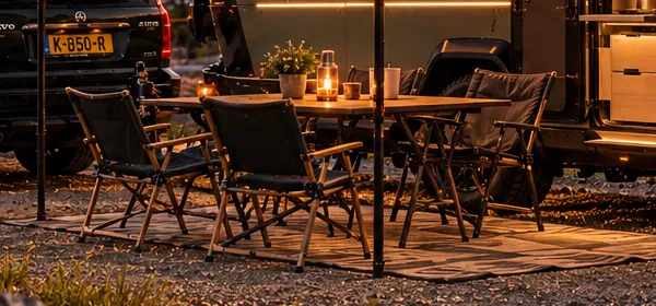 A table and folding chairs on a mat under the awning.
